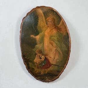 GUARDIAN ANGEL Children Print Mounted Wood VINTAGE Made In USA Angels Wood Slice